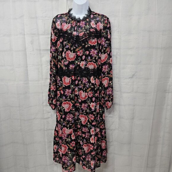 Loft Dress Black Pink Floral Boho Whimsigoth Midi Cottagecore 14 - Picture 1 of 15